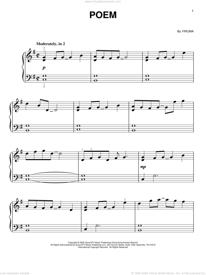 Poem, (easy) sheet music for piano solo by Yiruma, classical score, easy skill level