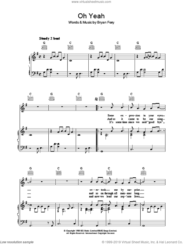 Oh Yeah sheet music for voice, piano or guitar by Roxy Music and Bryan Ferry, intermediate skill level
