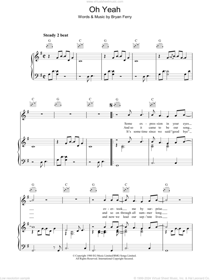 Oh Yeah sheet music for voice, piano or guitar by Roxy Music and Bryan Ferry, intermediate skill level