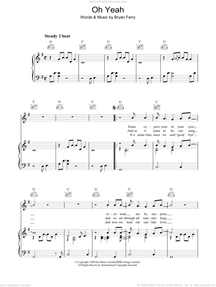 Oh Yeah sheet music for voice, piano or guitar by Roxy Music and Bryan Ferry, intermediate skill level