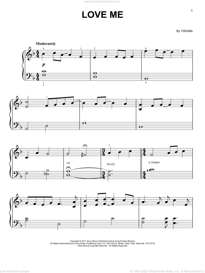 Love Me sheet music for piano solo by Yiruma, classical score, easy skill level