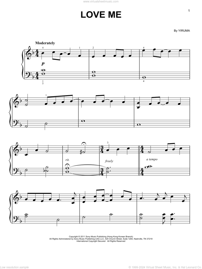 Love Me, (easy) sheet music for piano solo by Yiruma, classical score, easy skill level