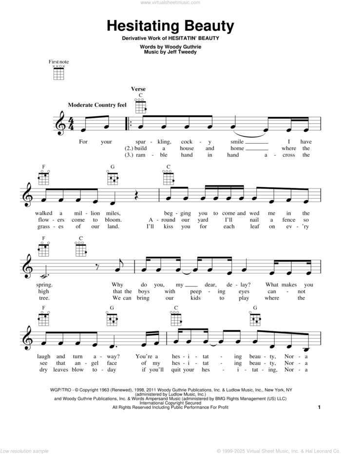 Hesitating Beauty sheet music for ukulele by Woody Guthrie and Jeff Tweedy, intermediate skill level