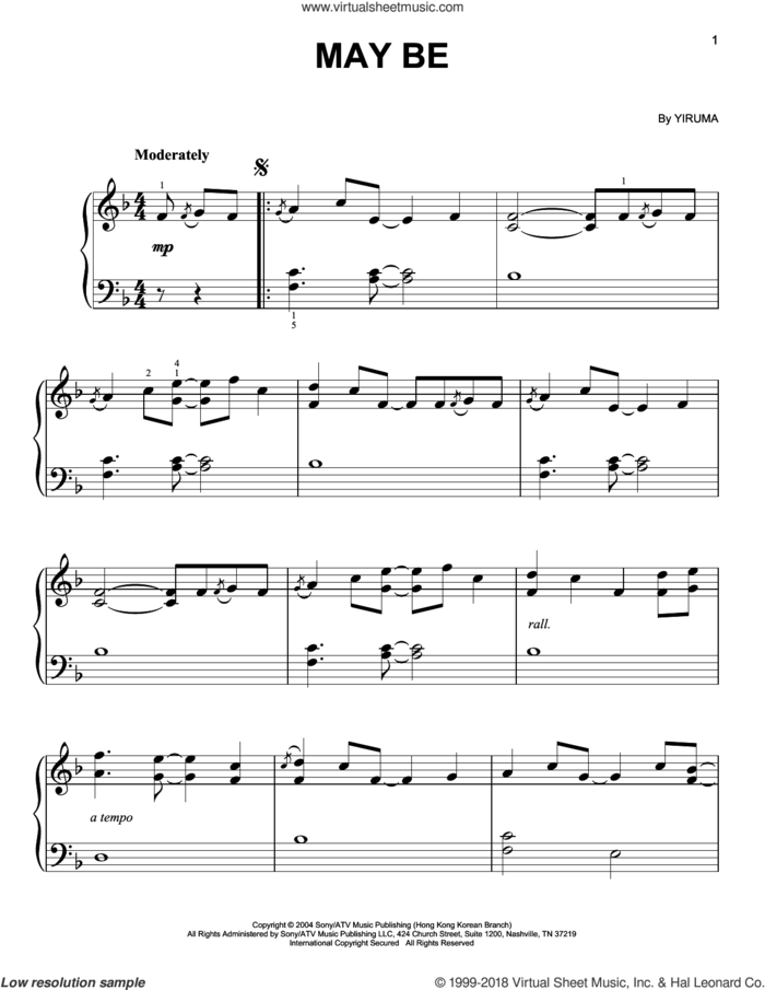 May Be sheet music for piano solo by Yiruma, classical score, easy skill level