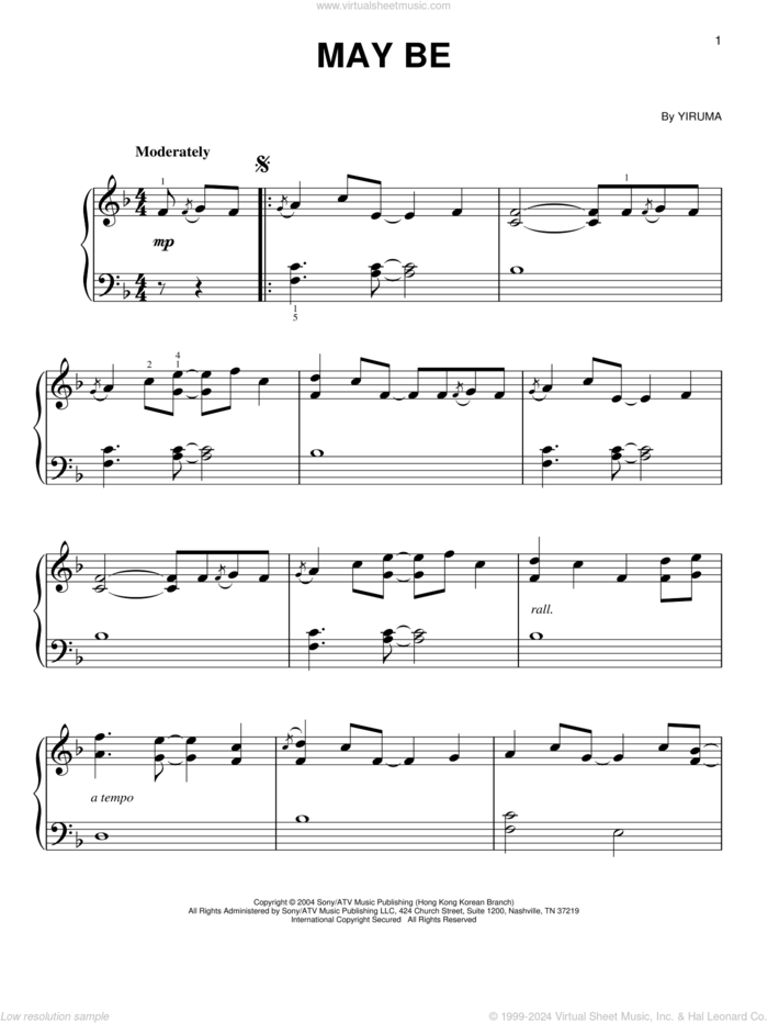 May Be, (easy) sheet music for piano solo by Yiruma, classical score, easy skill level