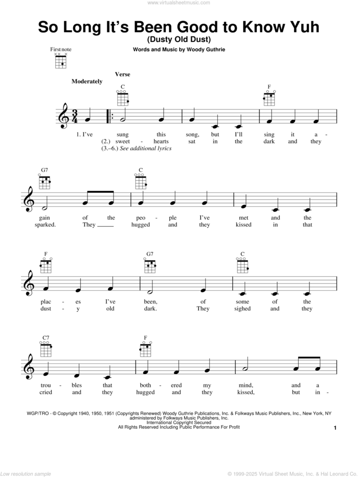 So Long It's Been Good To Know Yuh (Dusty Old Dust) sheet music for ukulele by Woody Guthrie, intermediate skill level