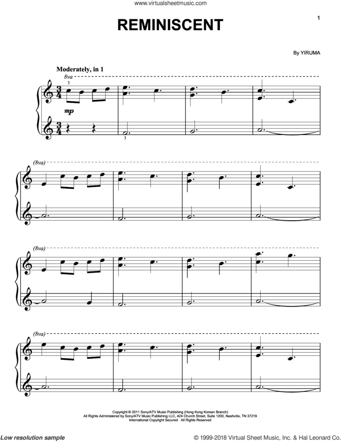 Reminiscent sheet music for piano solo by Yiruma, classical score, easy skill level