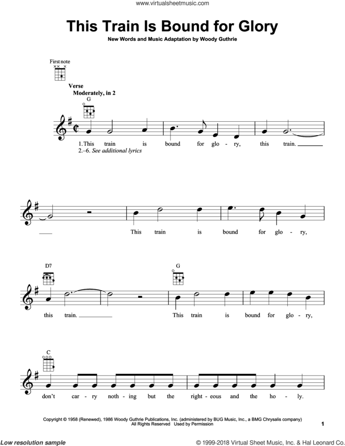 This Train Is Bound For Glory sheet music for ukulele by Woody Guthrie, intermediate skill level