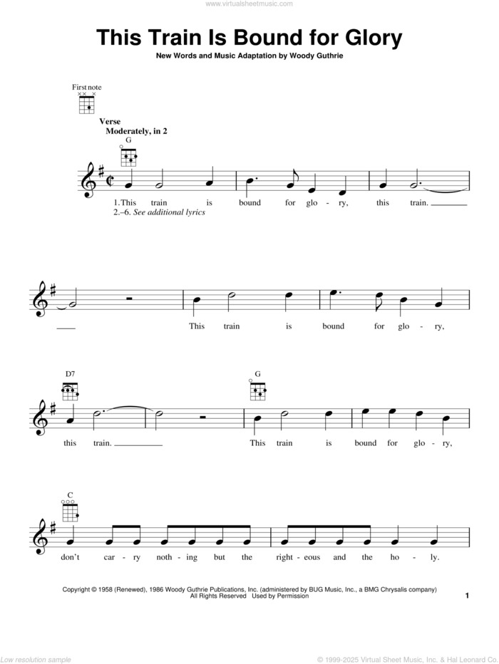 This Train Is Bound For Glory sheet music for ukulele by Woody Guthrie, intermediate skill level