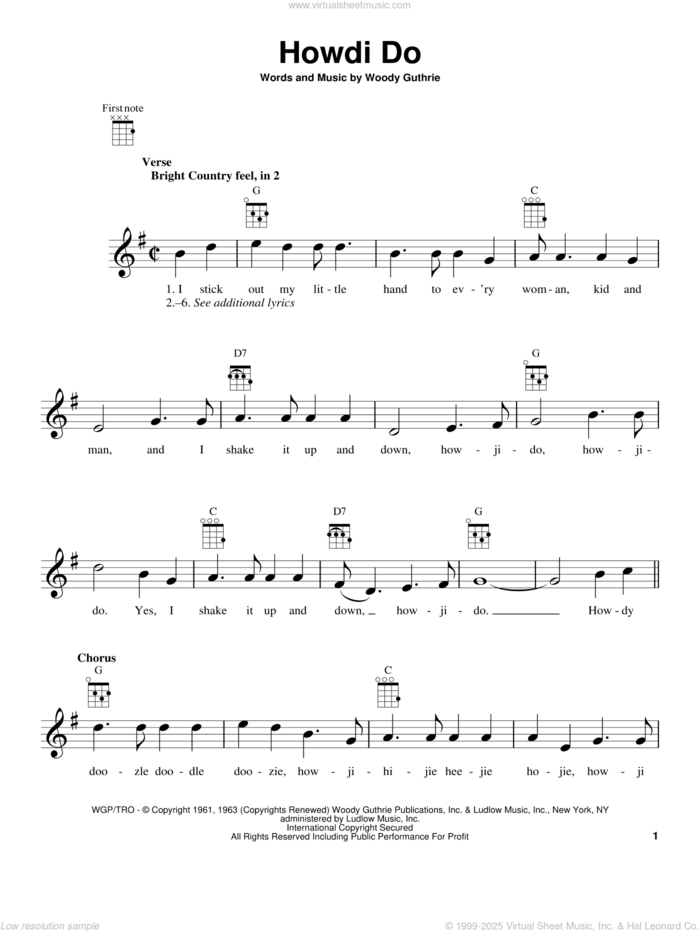 Howdi Do sheet music for ukulele by Woody Guthrie, intermediate skill level