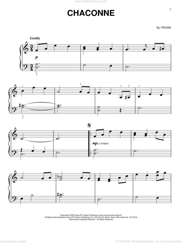 Chaconne, (easy) sheet music for piano solo by Yiruma, classical score, easy skill level