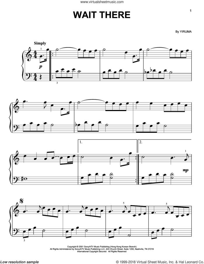 Wait There sheet music for piano solo by Yiruma, classical score, easy skill level