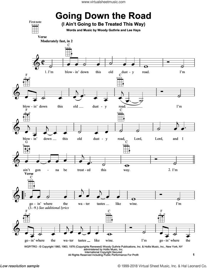 Going Down The Road (I Ain't Going To Be Treated This Way) sheet music for ukulele by Woody Guthrie and Lee Hays, intermediate skill level