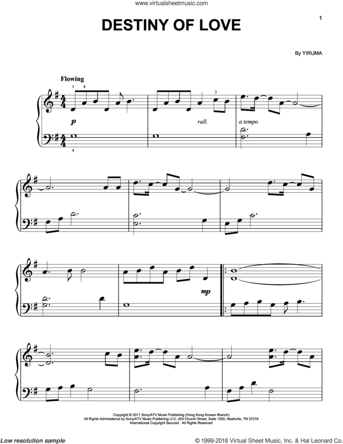 Destiny Of Love, (easy) sheet music for piano solo by Yiruma, classical score, easy skill level