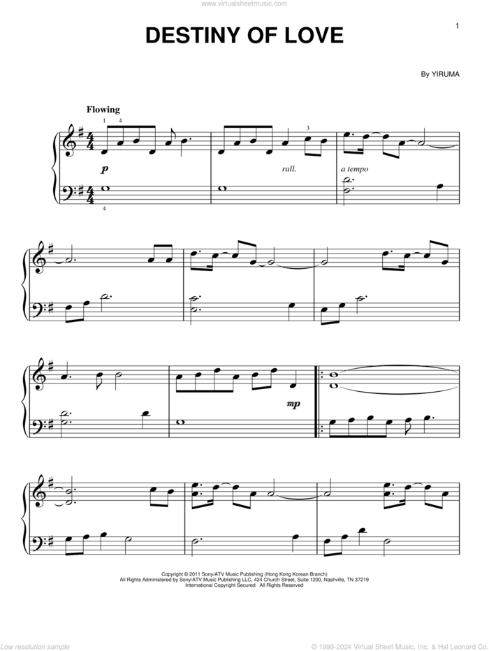 Destiny Of Love, (easy) sheet music for piano solo by Yiruma, classical score, easy skill level