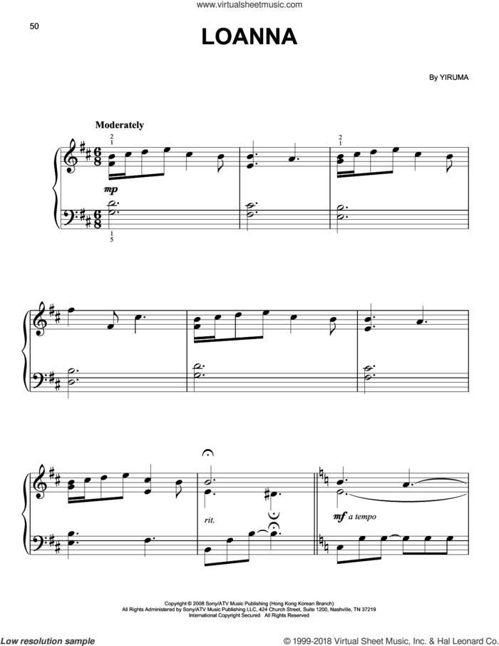Loanna sheet music for piano solo by Yiruma, classical score, easy skill level