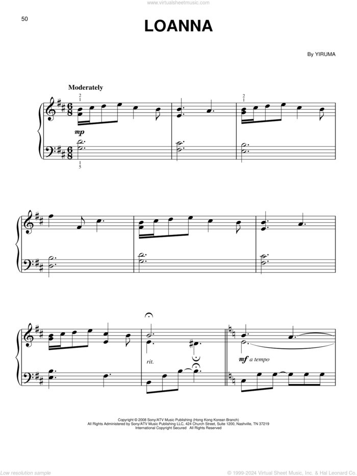 Loanna sheet music for piano solo by Yiruma, classical score, easy skill level