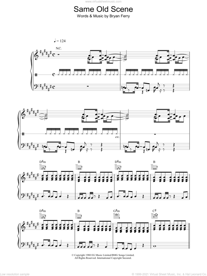 Same Old Scene sheet music for voice, piano or guitar by Roxy Music and Bryan Ferry, intermediate skill level