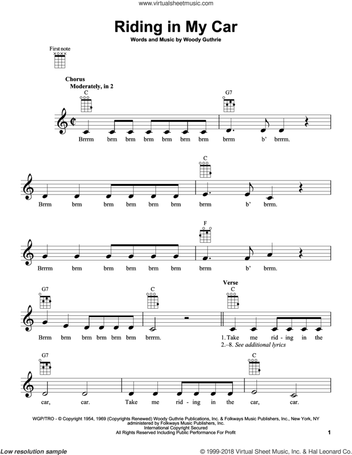 Riding In My Car sheet music for ukulele by Woody Guthrie, intermediate skill level