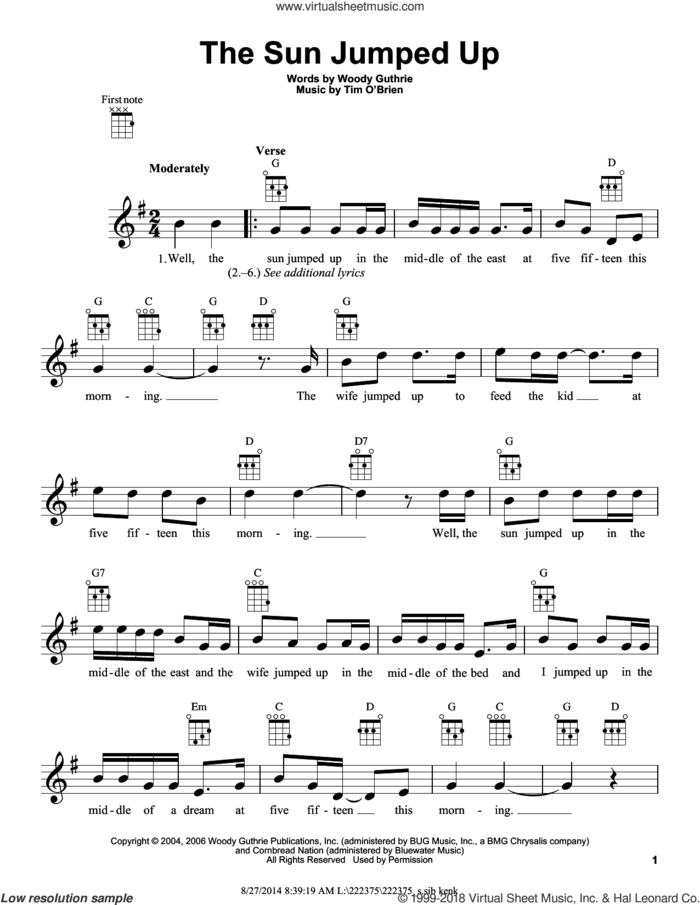 The Sun Jumped Up sheet music for ukulele by Woody Guthrie, intermediate skill level