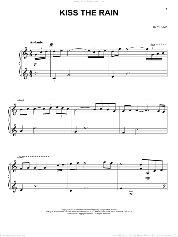 Kiss The Rain sheet music for piano solo by Yiruma, classical score, easy skill level