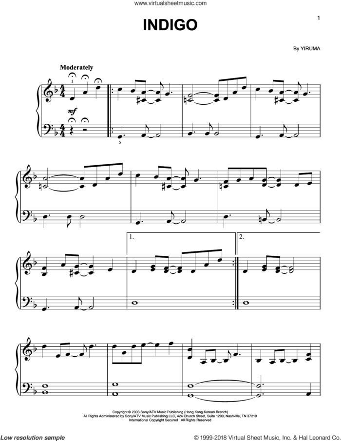 Indigo, (easy) sheet music for piano solo by Yiruma, classical score, easy skill level