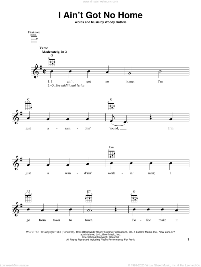 I Ain't Got No Home sheet music for ukulele by Woody Guthrie, intermediate skill level