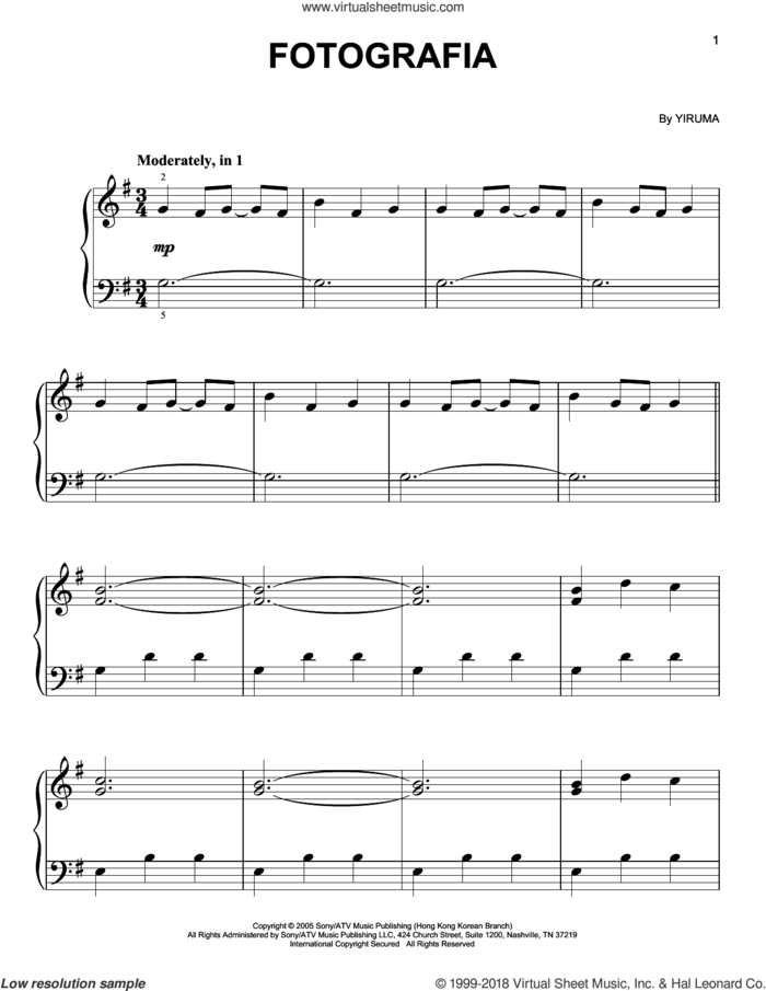 Fotografia, (easy) sheet music for piano solo by Yiruma, classical score, easy skill level