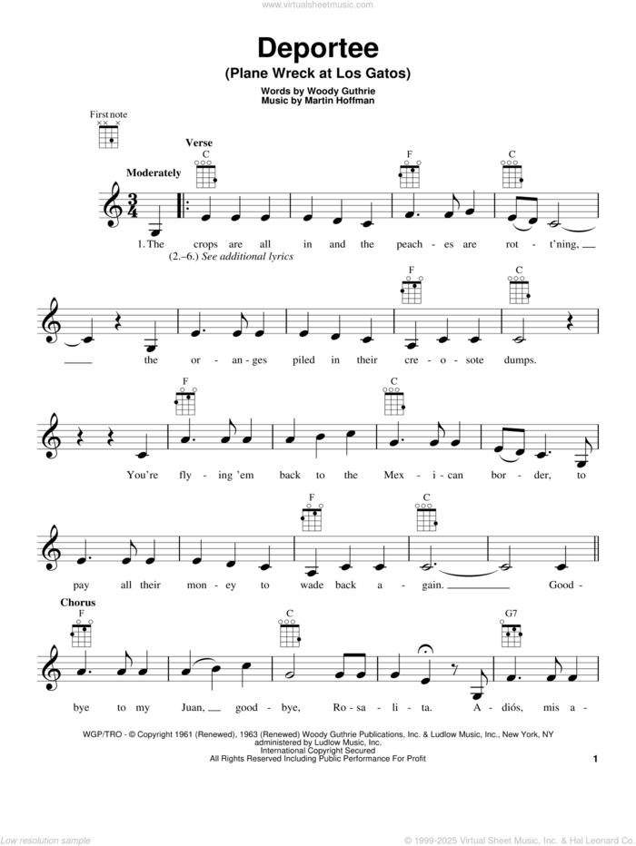 Deportee (Plane Wreck At Los Gatos) sheet music for ukulele by Woody Guthrie and Martin Hoffman, intermediate skill level