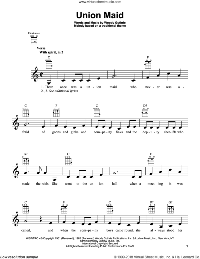 Union Maid sheet music for ukulele by Woody Guthrie, intermediate skill level