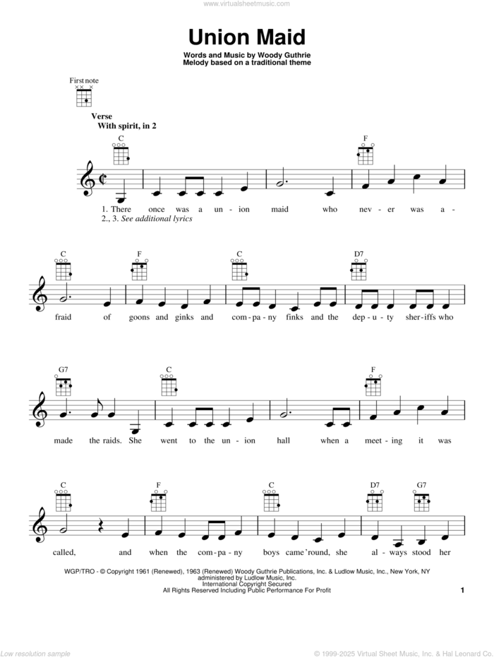 Union Maid sheet music for ukulele by Woody Guthrie, intermediate skill level