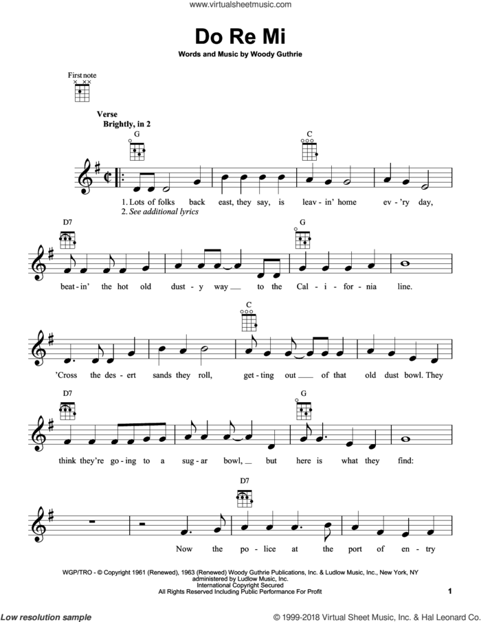 Do Re Mi sheet music for ukulele by Woody Guthrie, intermediate skill level