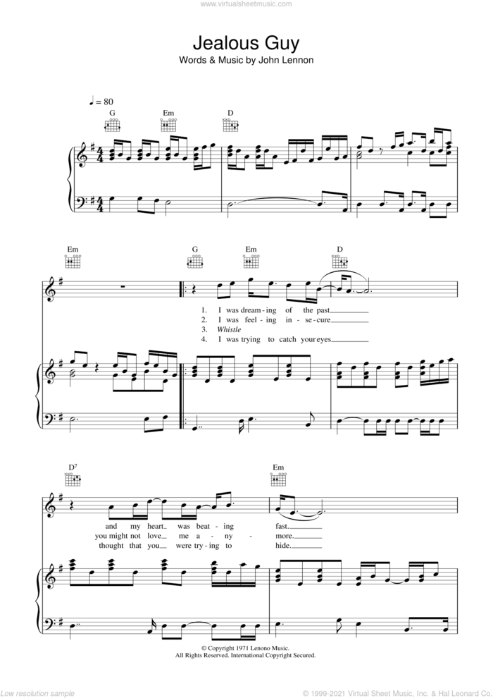 Jealous Guy sheet music for voice, piano or guitar by Roxy Music and John Lennon, intermediate skill level