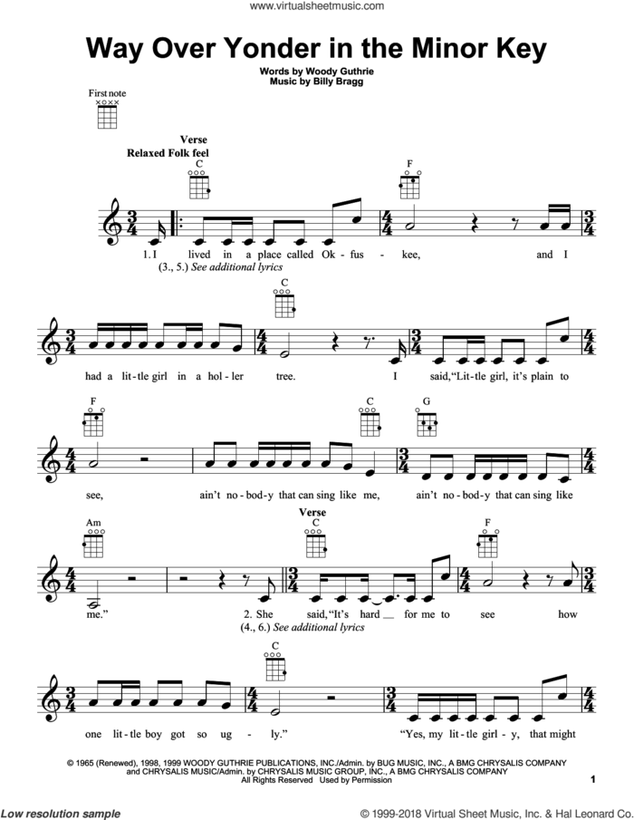Way Over Yonder In The Minor Key sheet music for ukulele by Woody Guthrie and Billy Bragg, intermediate skill level