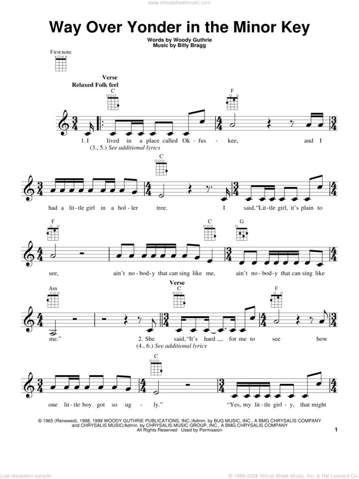 Way Over Yonder In The Minor Key sheet music for ukulele by Woody Guthrie and Billy Bragg, intermediate skill level