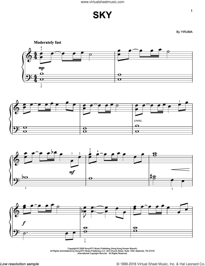 Sky sheet music for piano solo by Yiruma, classical score, easy skill level