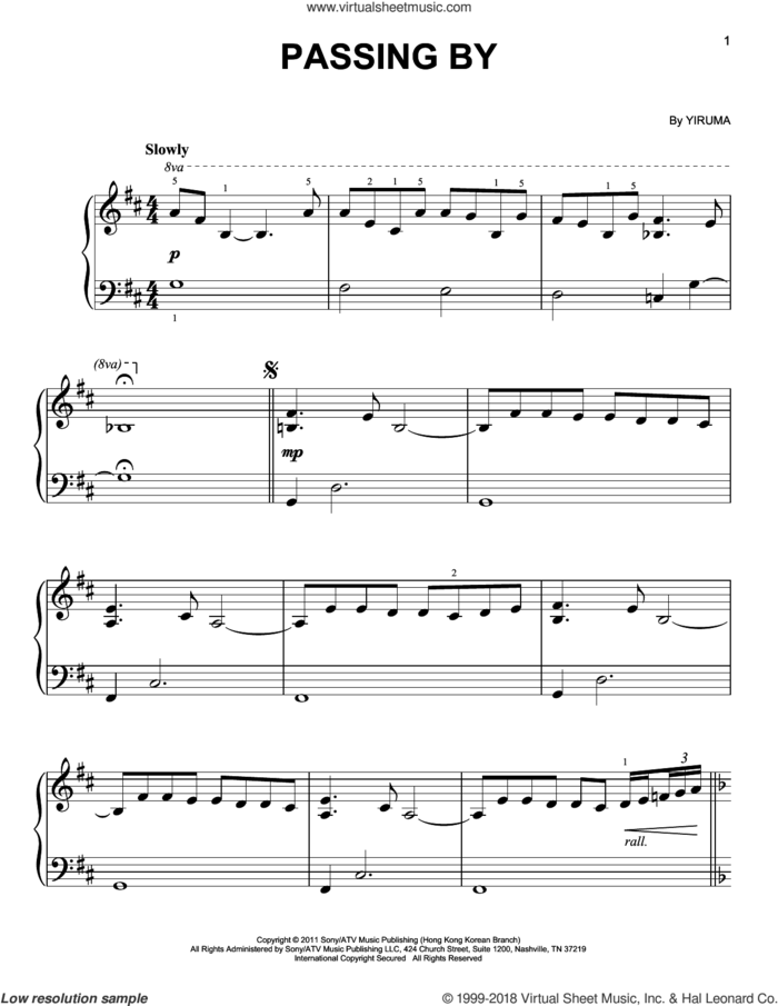 Passing By, (easy) sheet music for piano solo by Yiruma, classical score, easy skill level