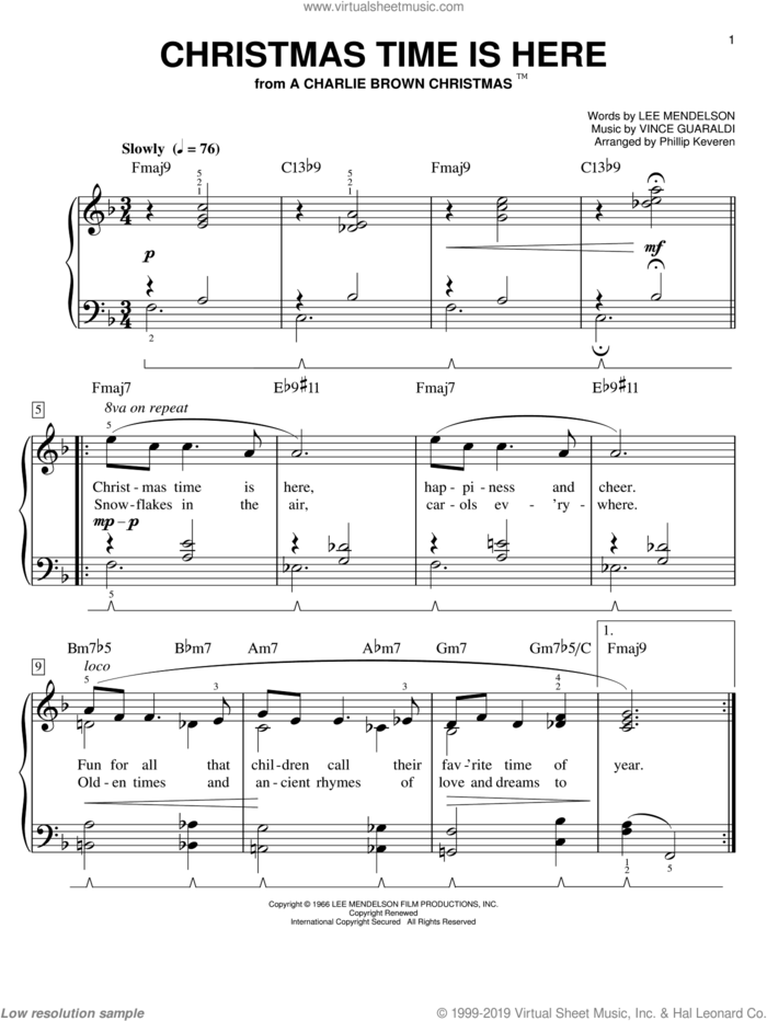 Christmas Time Is Here [Jazz version] (arr. Phillip Keveren), (easy) sheet music for piano solo by Vince Guaraldi, Phillip Keveren and Lee Mendelson, easy skill level