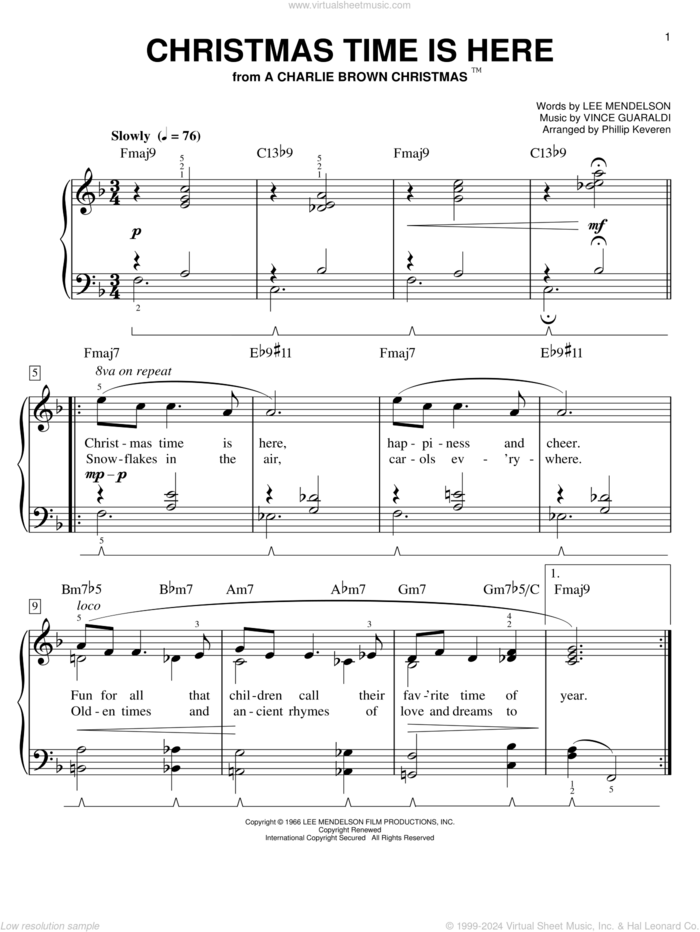 Christmas Time Is Here [Jazz version] (arr. Phillip Keveren), (easy) sheet music for piano solo by Vince Guaraldi, Phillip Keveren and Lee Mendelson, easy skill level