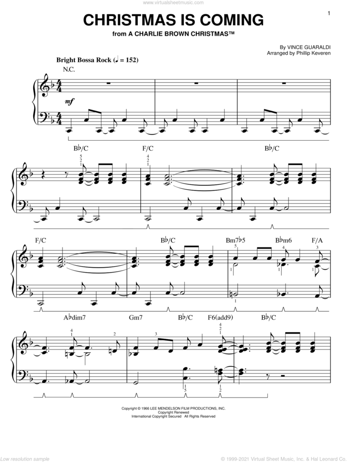 Christmas Is Coming (arr. Phillip Keveren), (easy) (arr. Phillip Keveren) sheet music for piano solo by Vince Guaraldi and Phillip Keveren, easy skill level