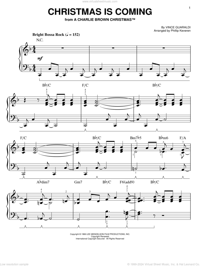 Christmas Is Coming (arr. Phillip Keveren), (easy) (arr. Phillip Keveren) sheet music for piano solo by Vince Guaraldi and Phillip Keveren, easy skill level