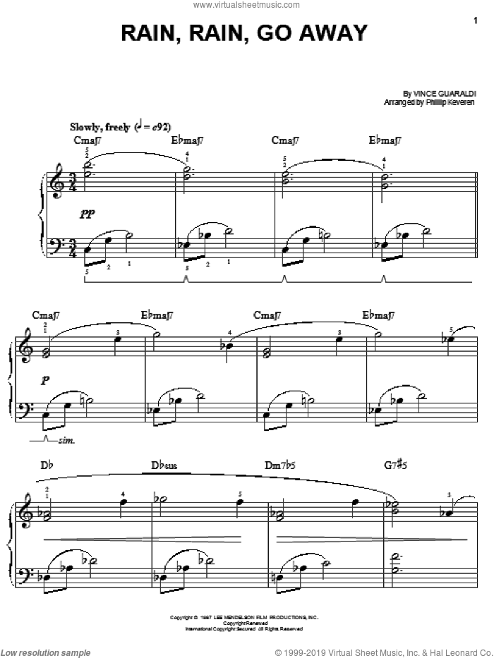 Rain, Rain, Go Away (arr. Phillip Keveren) sheet music for piano solo by Vince Guaraldi and Phillip Keveren, easy skill level
