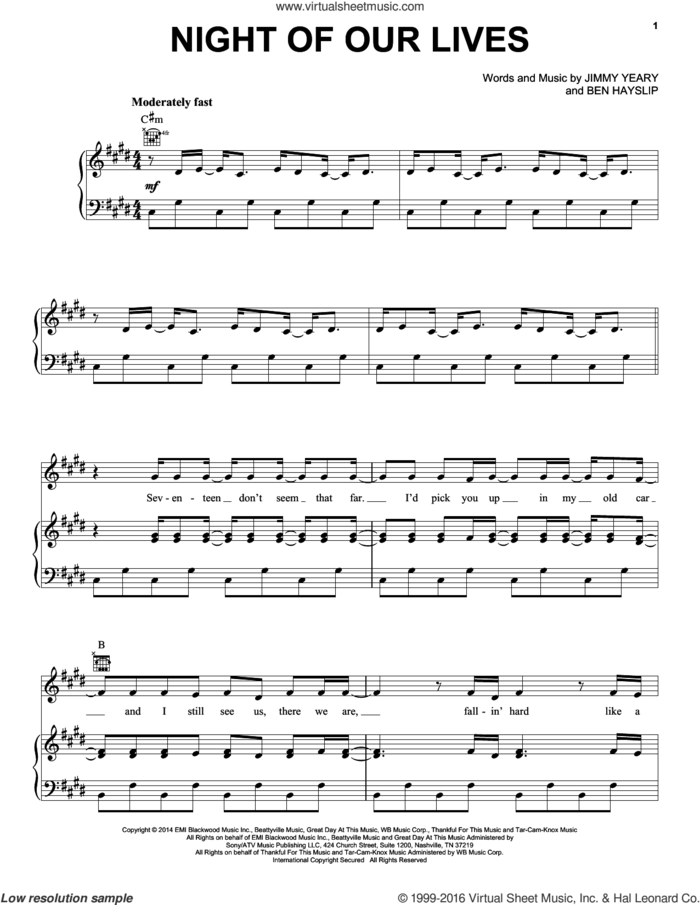 Night Of Our Lives sheet music for voice, piano or guitar by Rascal Flatts, Ben Hayslip and Jimmy Yeary, intermediate skill level