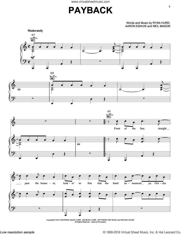 Payback sheet music for voice, piano or guitar by Rascal Flatts, Aaron Eshuis, Neil Mason and Ryan Hurd, intermediate skill level