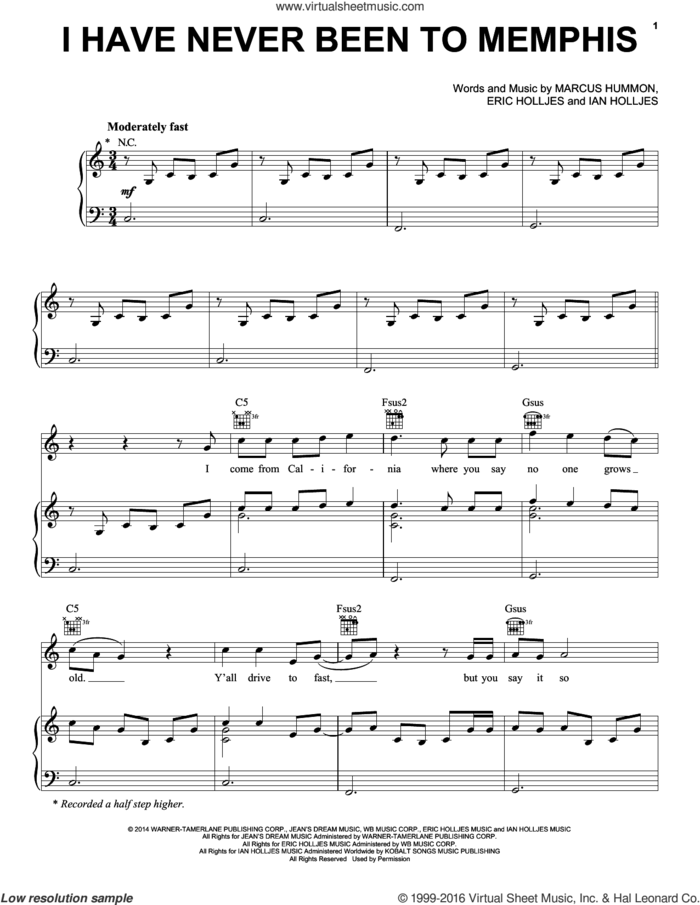 I Have Never Been To Memphis sheet music for voice, piano or guitar by Rascal Flatts, Eric Holljes, Ian Holljes and Marcus Hummon, intermediate skill level