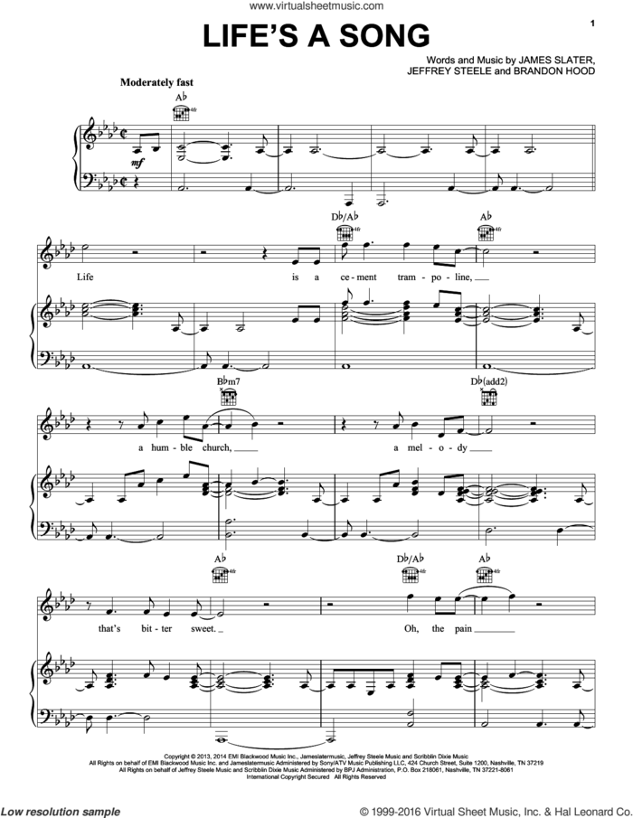 Life's A Song sheet music for voice, piano or guitar by Rascal Flatts, Brandon Hood, James T. Slater and Jeffrey Steele, intermediate skill level