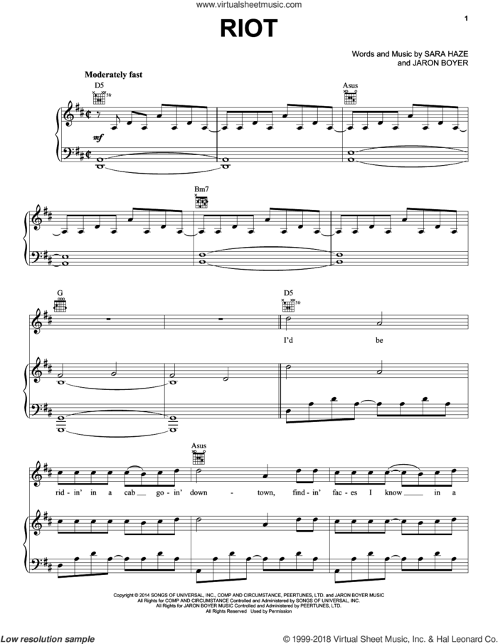 Riot sheet music for voice, piano or guitar by Rascal Flatts, Jaron Boyer and Sara Haze, intermediate skill level