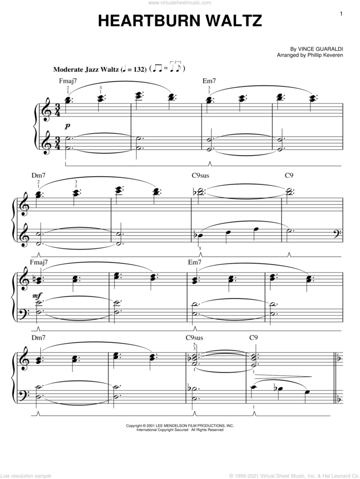 Heartburn Waltz (arr. Phillip Keveren) sheet music for piano solo by Vince Guaraldi and Phillip Keveren, easy skill level