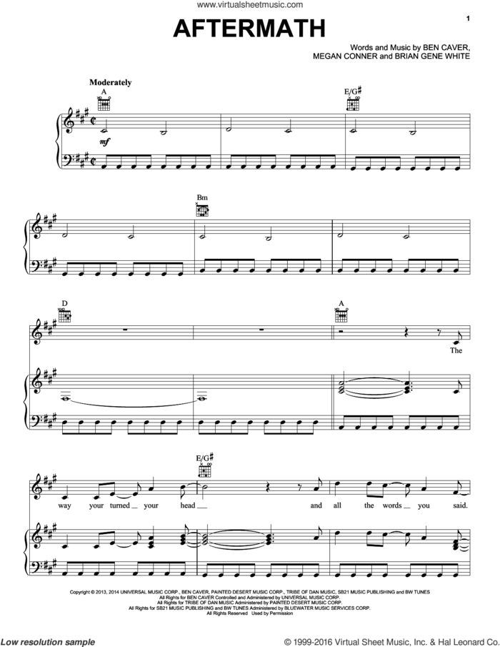 Aftermath sheet music for voice, piano or guitar by Rascal Flatts, Ben Caver, Brian Gene White and Megan Conner, intermediate skill level