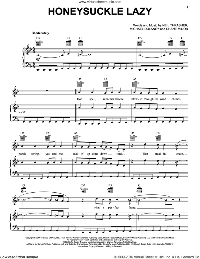 Honeysuckle Lazy sheet music for voice, piano or guitar by Rascal Flatts, Michael Dulaney, Neil Thrasher and Shane Minor, intermediate skill level